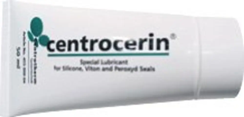 Weiße Tube mit dem Aufdruck "centrocerin" und Informationen zur Verwendung als Gleitmittel, speziell für Silikon, Viton und Perfluorkautschuk, hergestellt von Bosch.